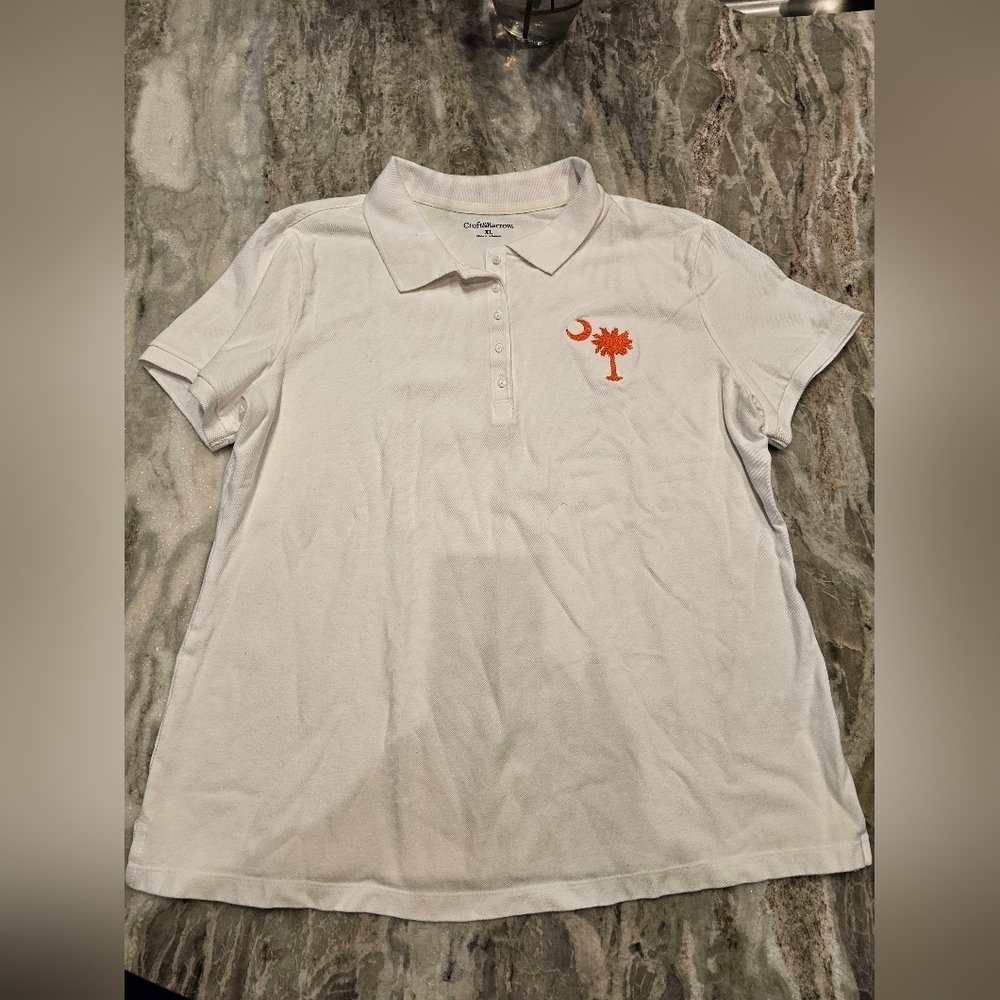 Croft & Barrow Classic White Polo Embroidered Orange Palmento Moon Top Shirt XL